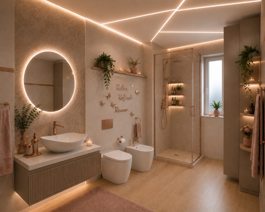 Bagno di design con illuminazione LED a soffitto e finiture di pregio
